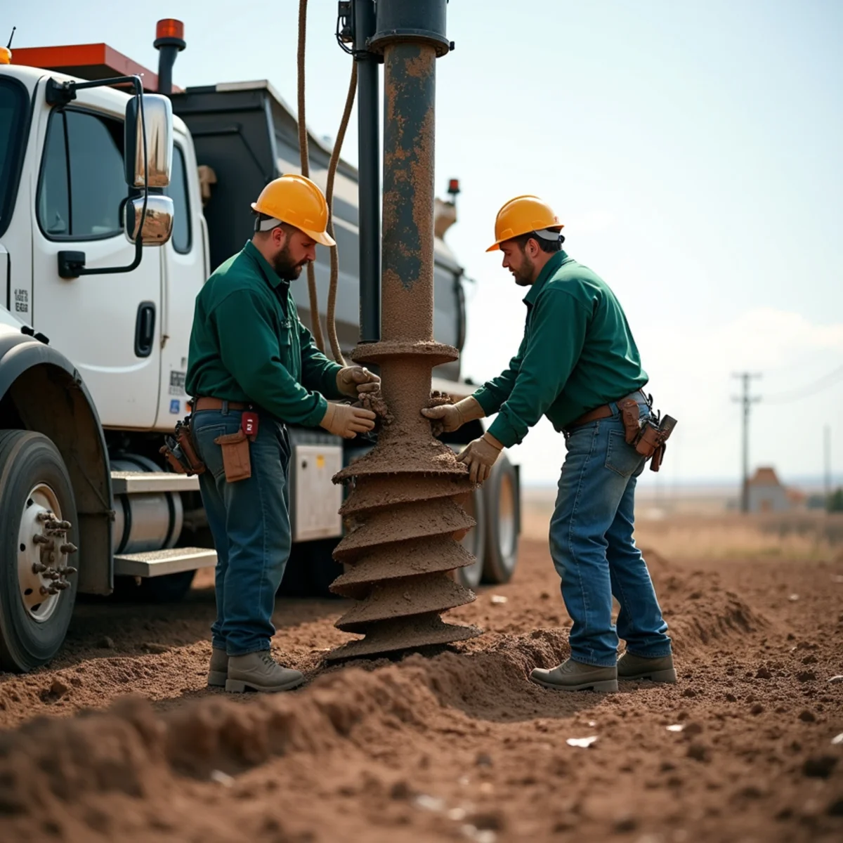 Truck-mounted hydraulic auger drilling deep post footings on open county parcel