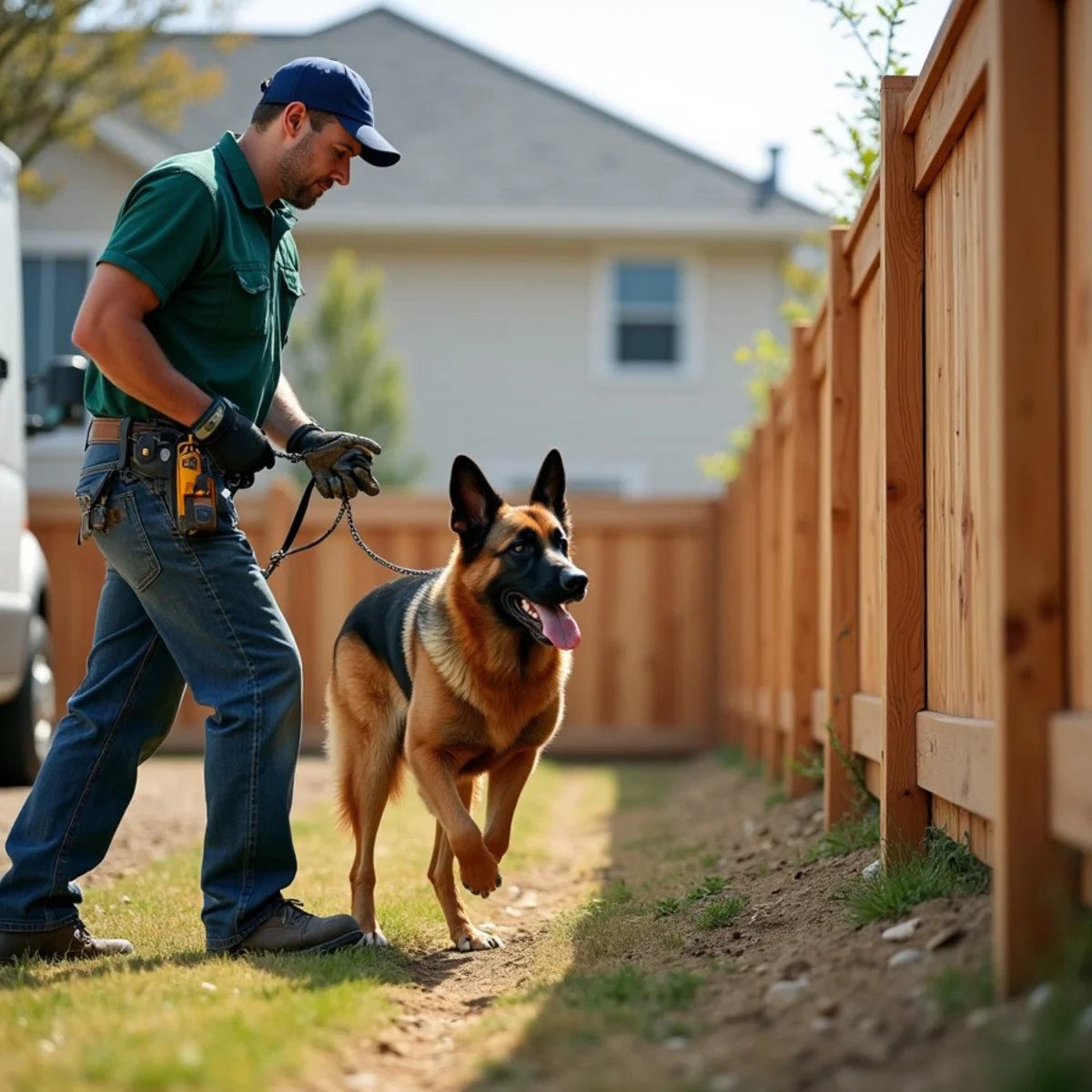 Sturdy privacy fence safely containing family pet in secure backyard