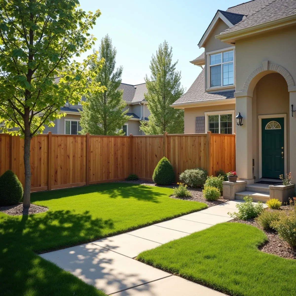 Secure cedar privacy fencing enclosing single-family home in military community