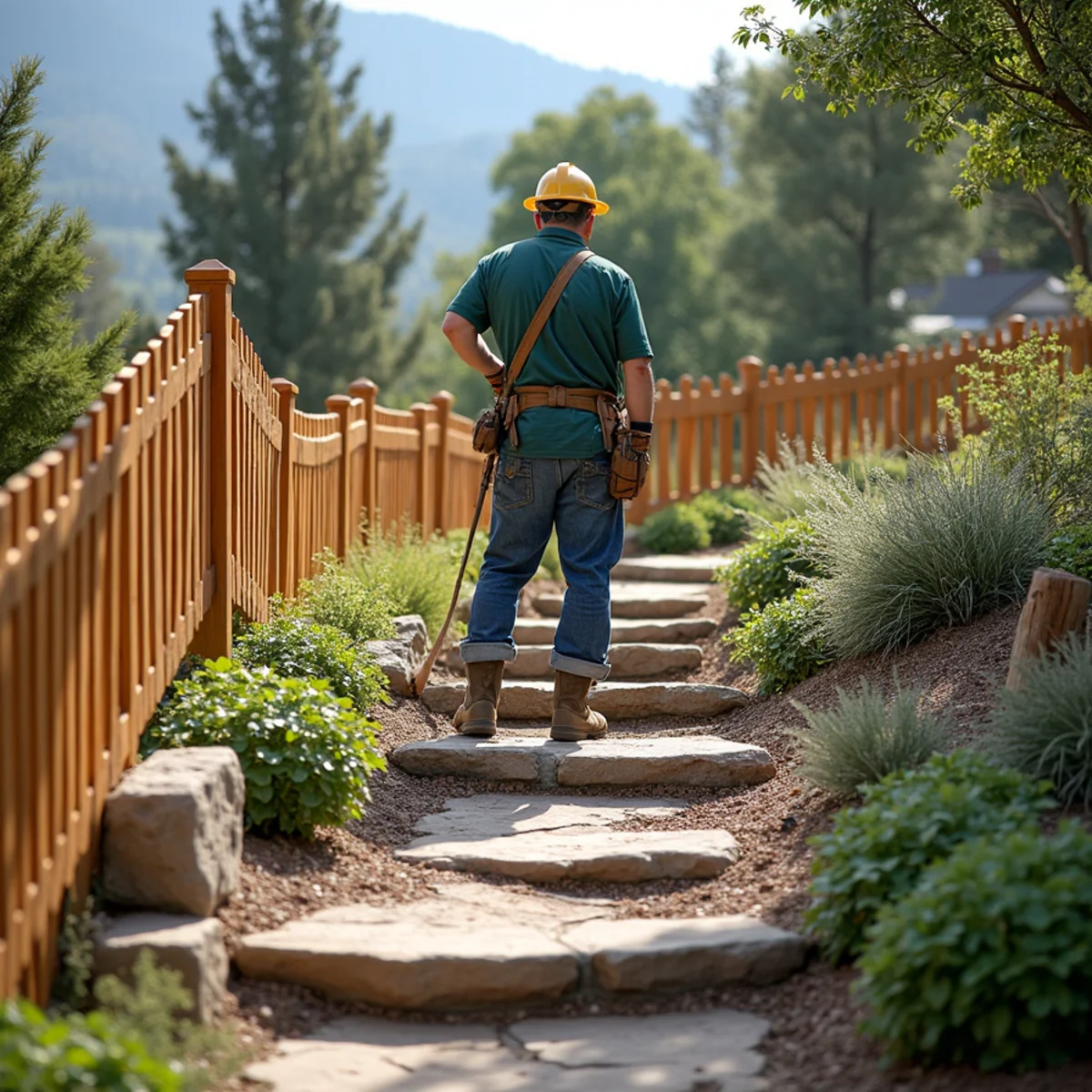 Custom cedar picket fence stepping down stone terraced mountain hillside