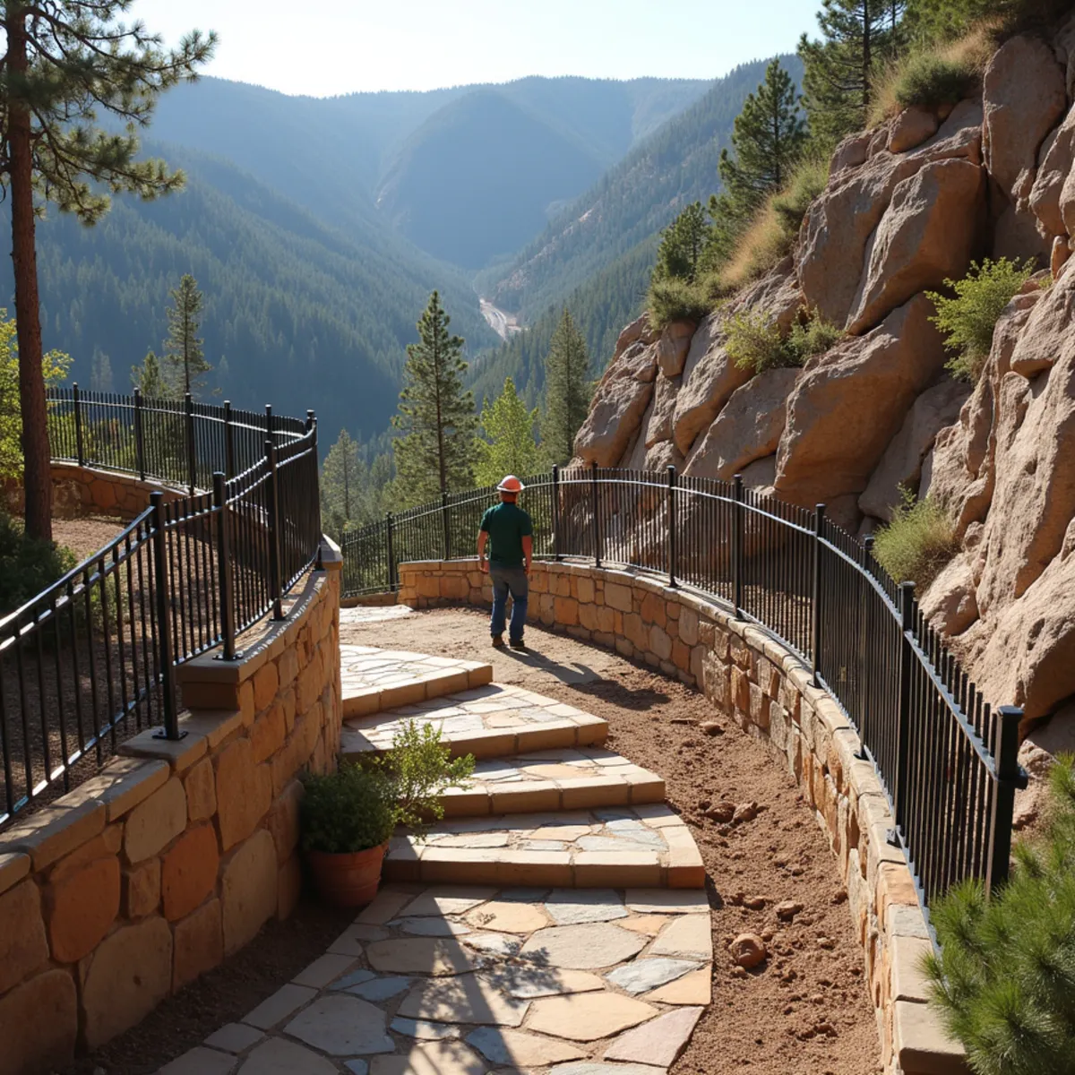 Custom stepped cedar and ornamental iron fence on steep rocky mountain canyon slope