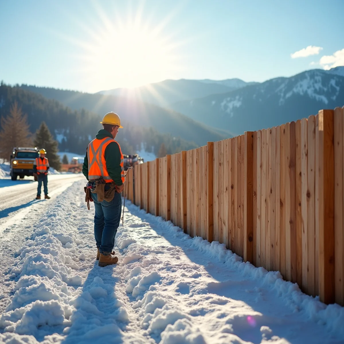Cedar shadowbox fence standing strong in winter high-elevation Palmer Divide setting