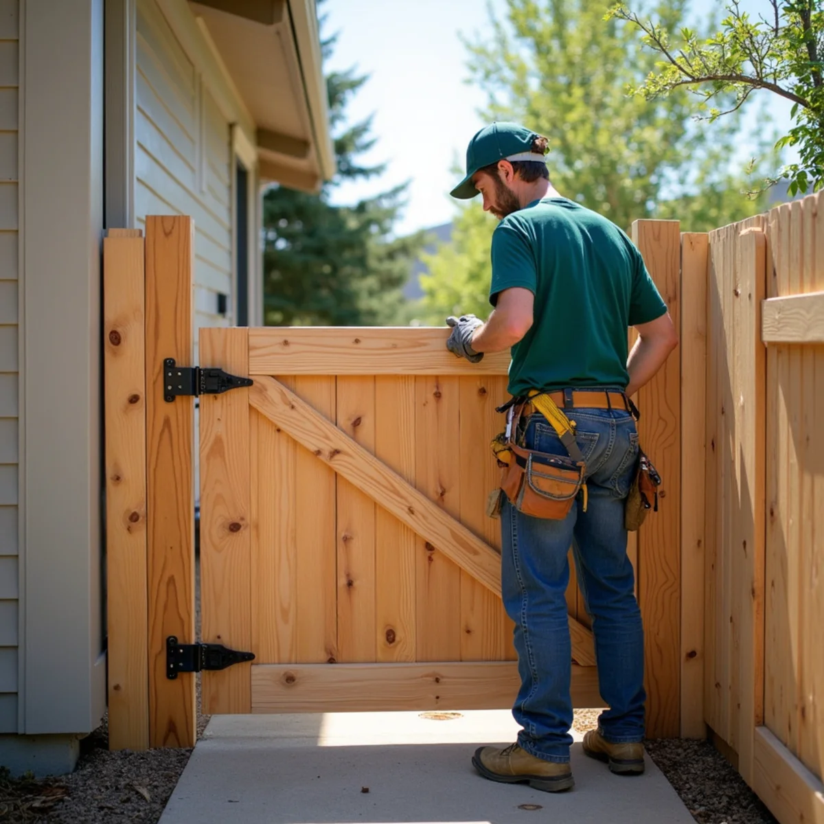 Installing self-closing latch hardware on cedar pedestrian backyard gate