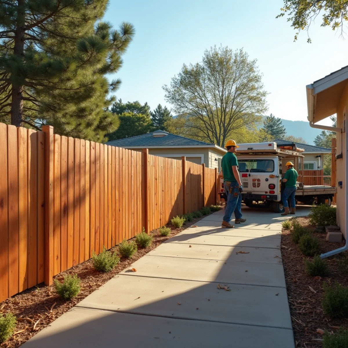 New Western Red Cedar privacy fence enclosing ranch home in established residential neighborhood