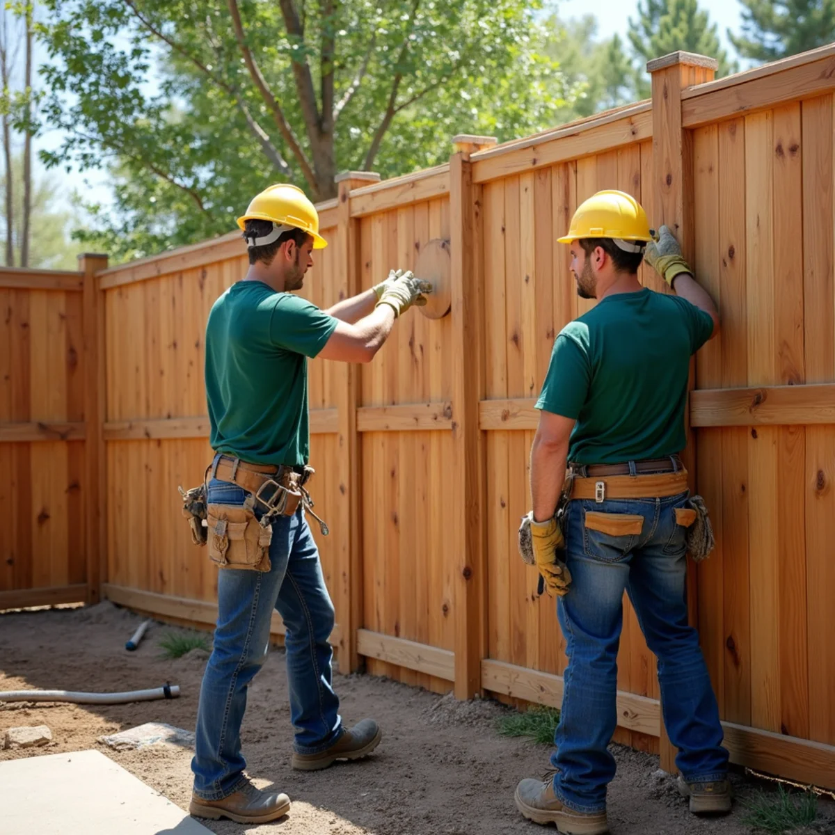 Dense tongue and groove cedar fence providing acoustic noise barrier for home