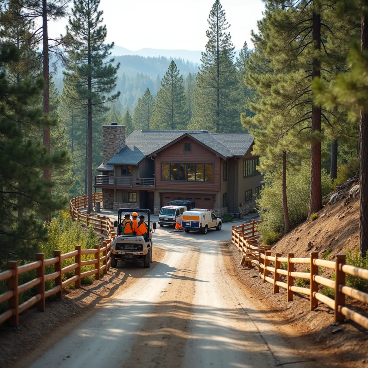 Wooded hillside residential home with dark-stained cedar split rail fence