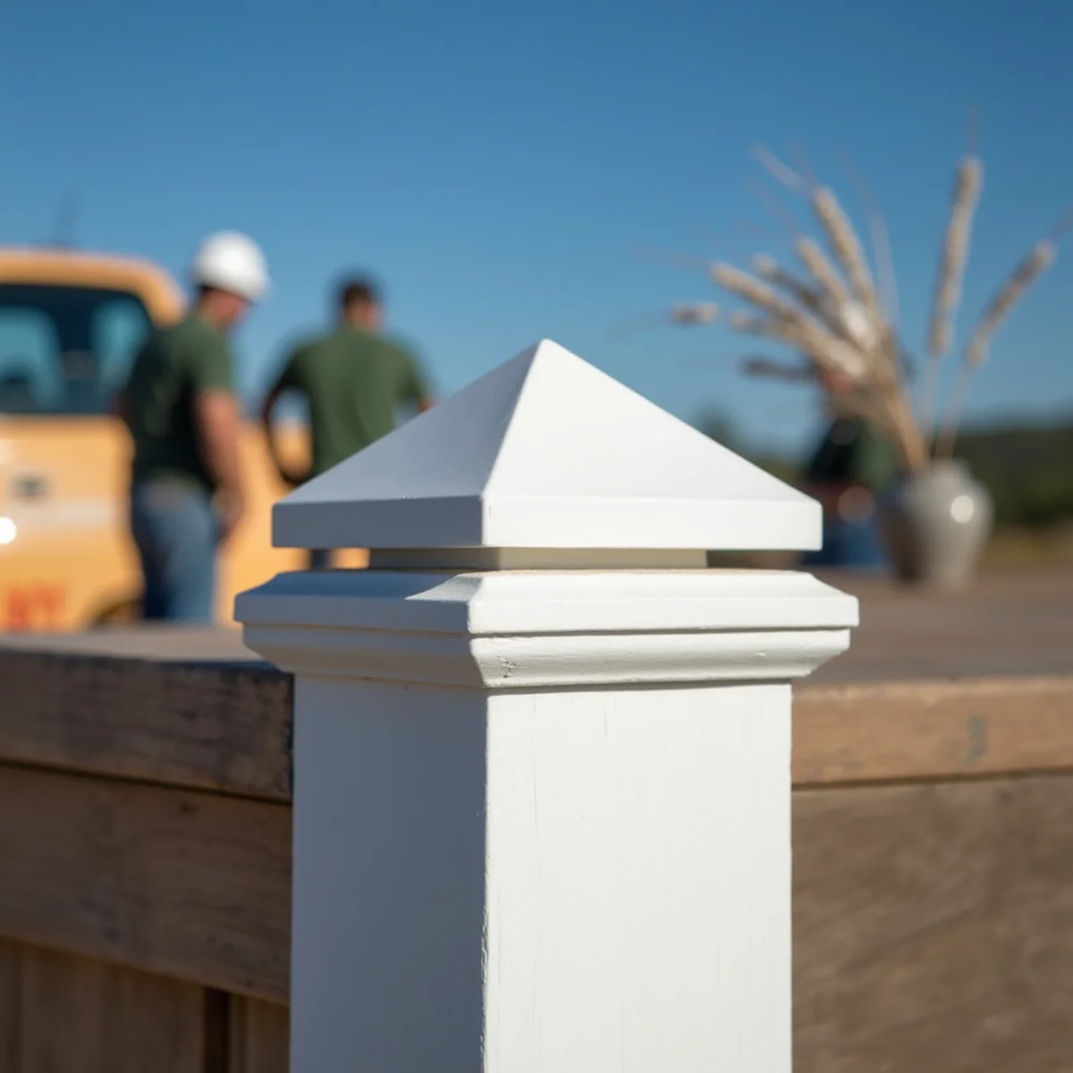 Pyramid post cap mounted on clean white vinyl fence post