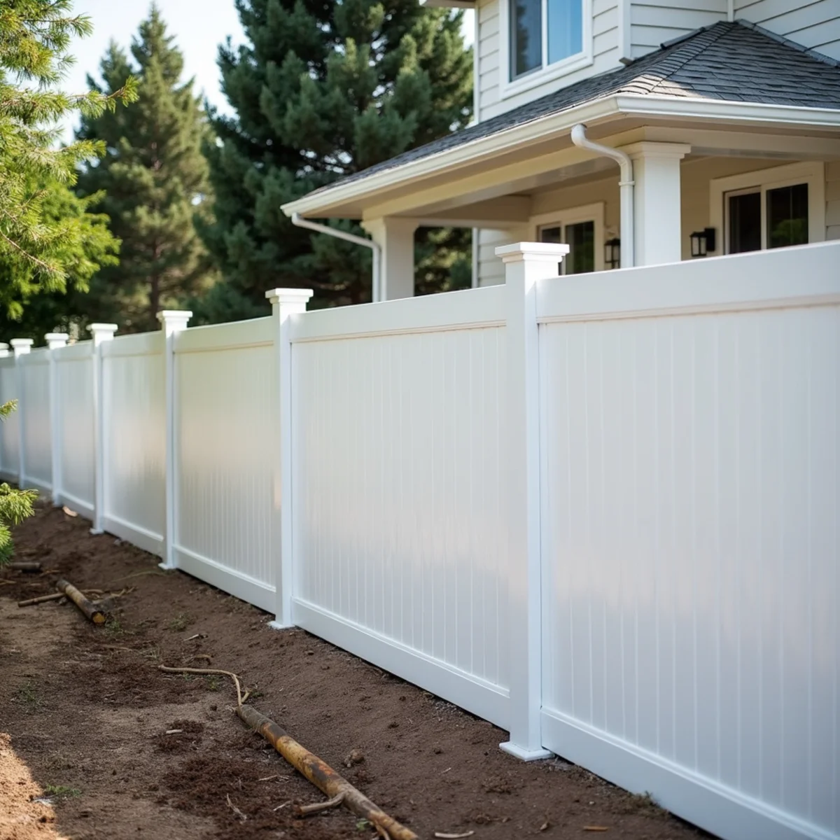 Clean white vinyl privacy fence with interlocking pickets around modern home