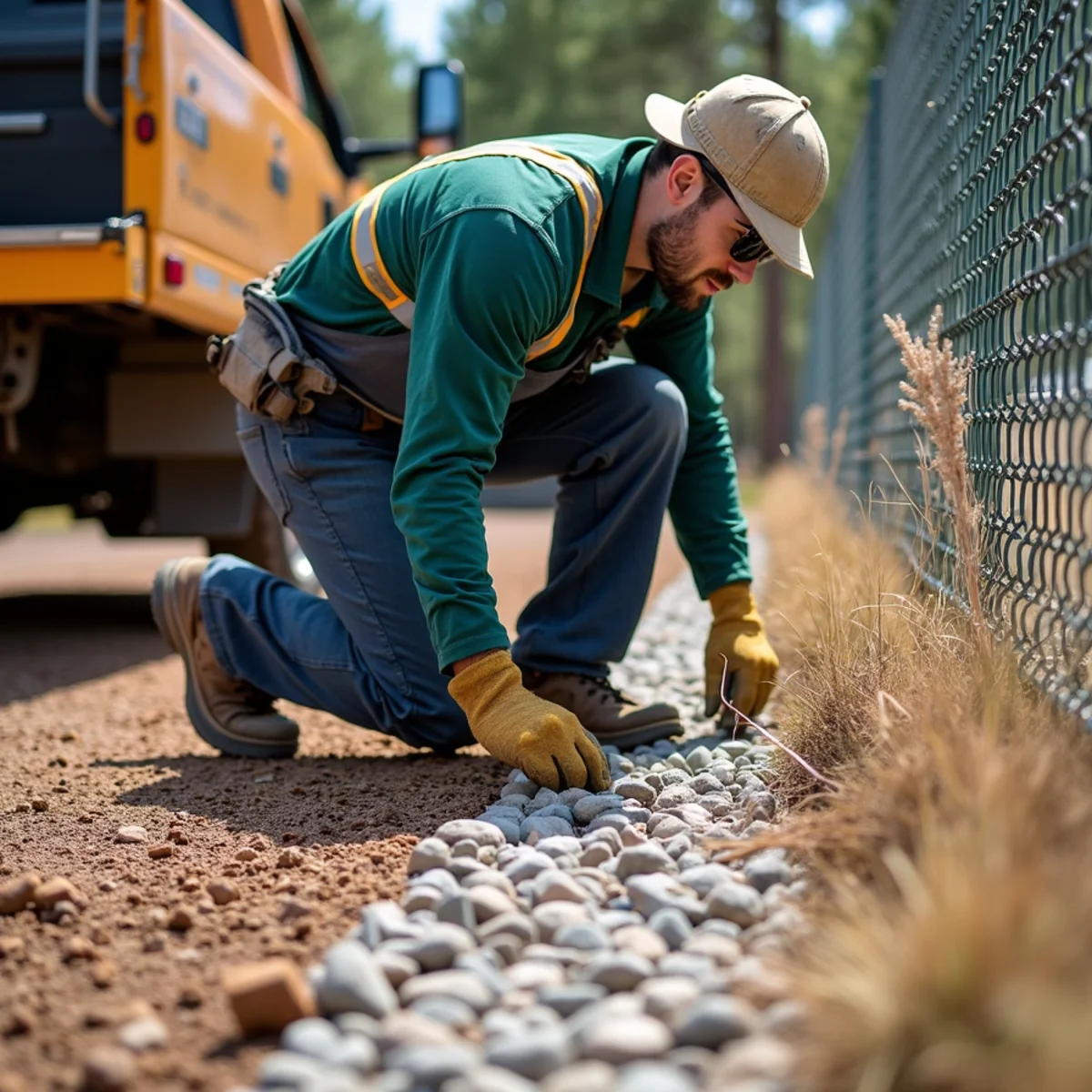 Crushed gravel defensible space buffer zone beneath fire-resistant fence line