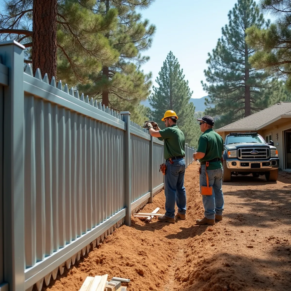 Fire-resistant metal and steel perimeter fencing creating home defensible space