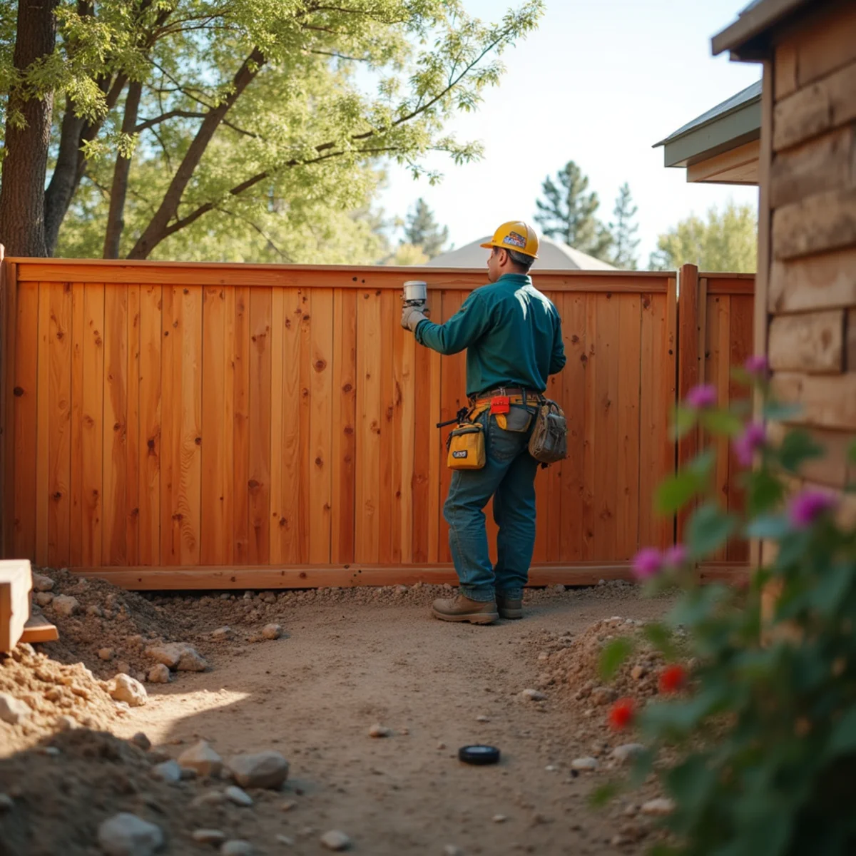 Natural Western Red Cedar wood privacy fence in residential backyard